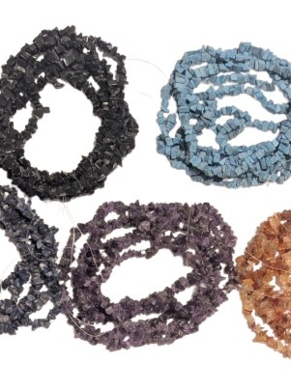 5 Strands of Purple, Blue, Black, and Orange Gemstone Chip Beads